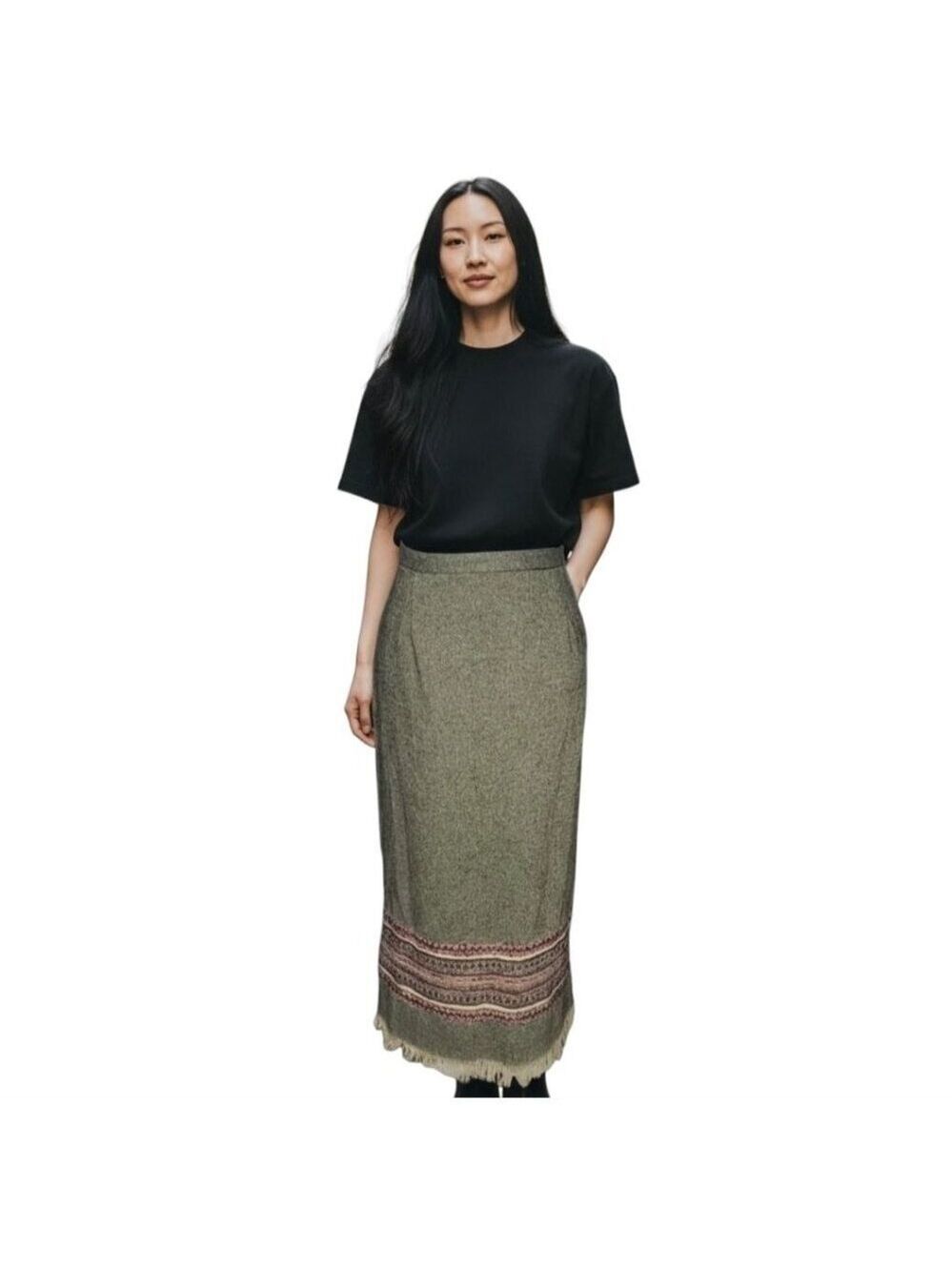 Vintage Sag Harbor Boho Embroidered Midi Fringe Skirt Wool Llama Size 16